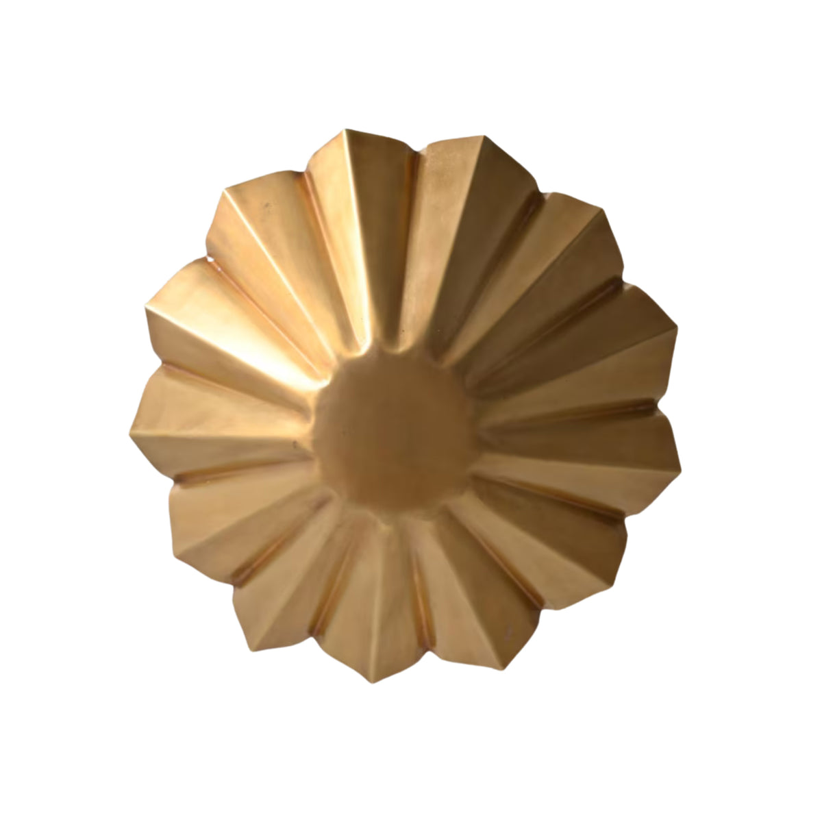 Bottom view of the Aurora Fluted Petal flush mount ceiling light displaying the symmetrical handcrafted fluted petal brass shade design.