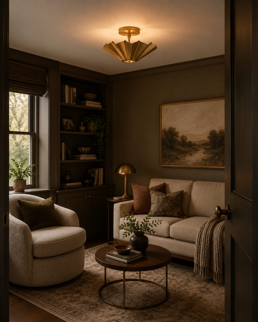 Aurora Fluted Petal flush mount ceiling light installed in a contemporary living room, providing warm ambient illumination with its sculptural brass fluted shade.
