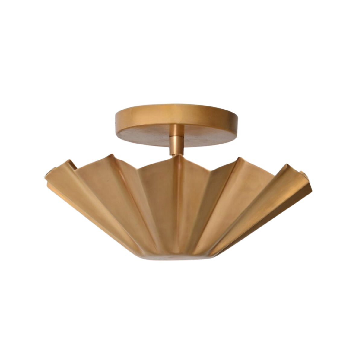 Side angle view of the Aurora Fluted Petal flush mount ceiling light highlighting the handcrafted folded brass shade and compact ceiling profile.