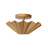 Side angle view of the Aurora Fluted Petal flush mount ceiling light highlighting the handcrafted folded brass shade and compact ceiling profile.
