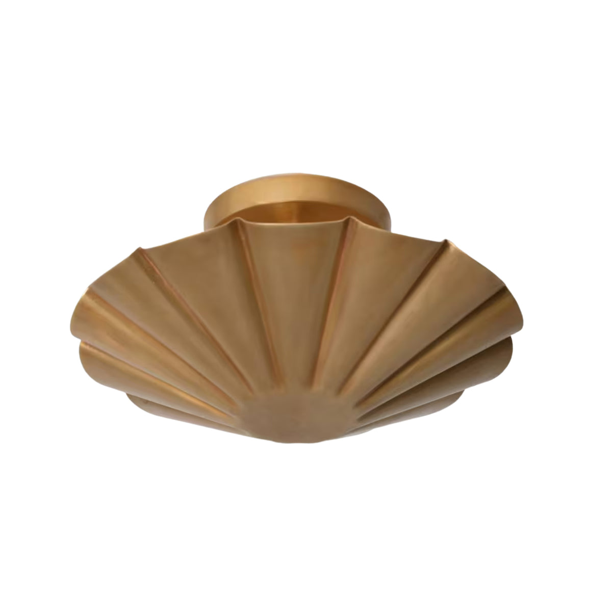 Bottom view of the Aurora fluted scallop flush mount ceiling light highlighting the symmetrical handcrafted brass fluted shade.