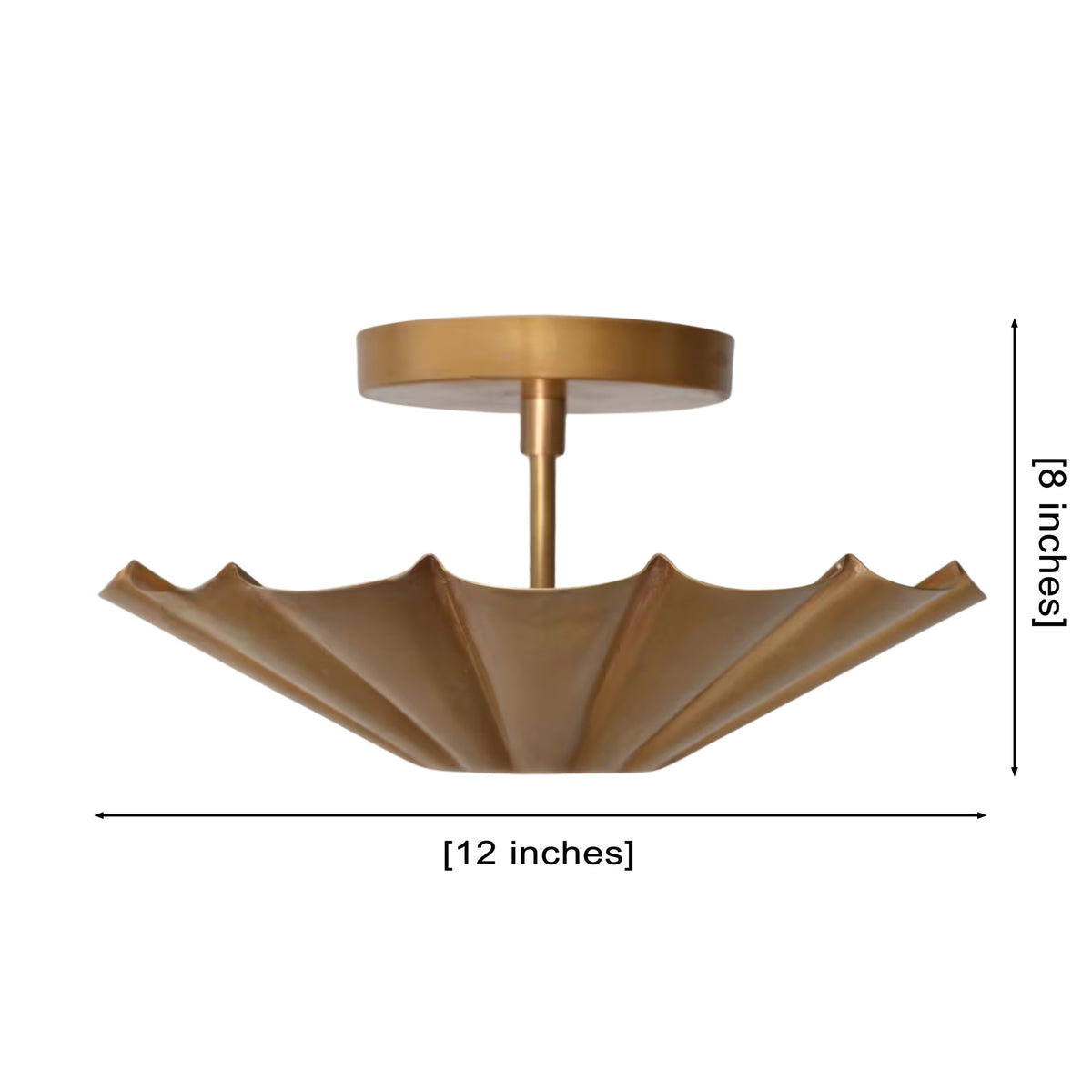 Dimension drawing of the Aurora fluted scallop flush mount ceiling light featuring a handcrafted brass fluted shade, 12-inch diameter, and 8-inch overall height.