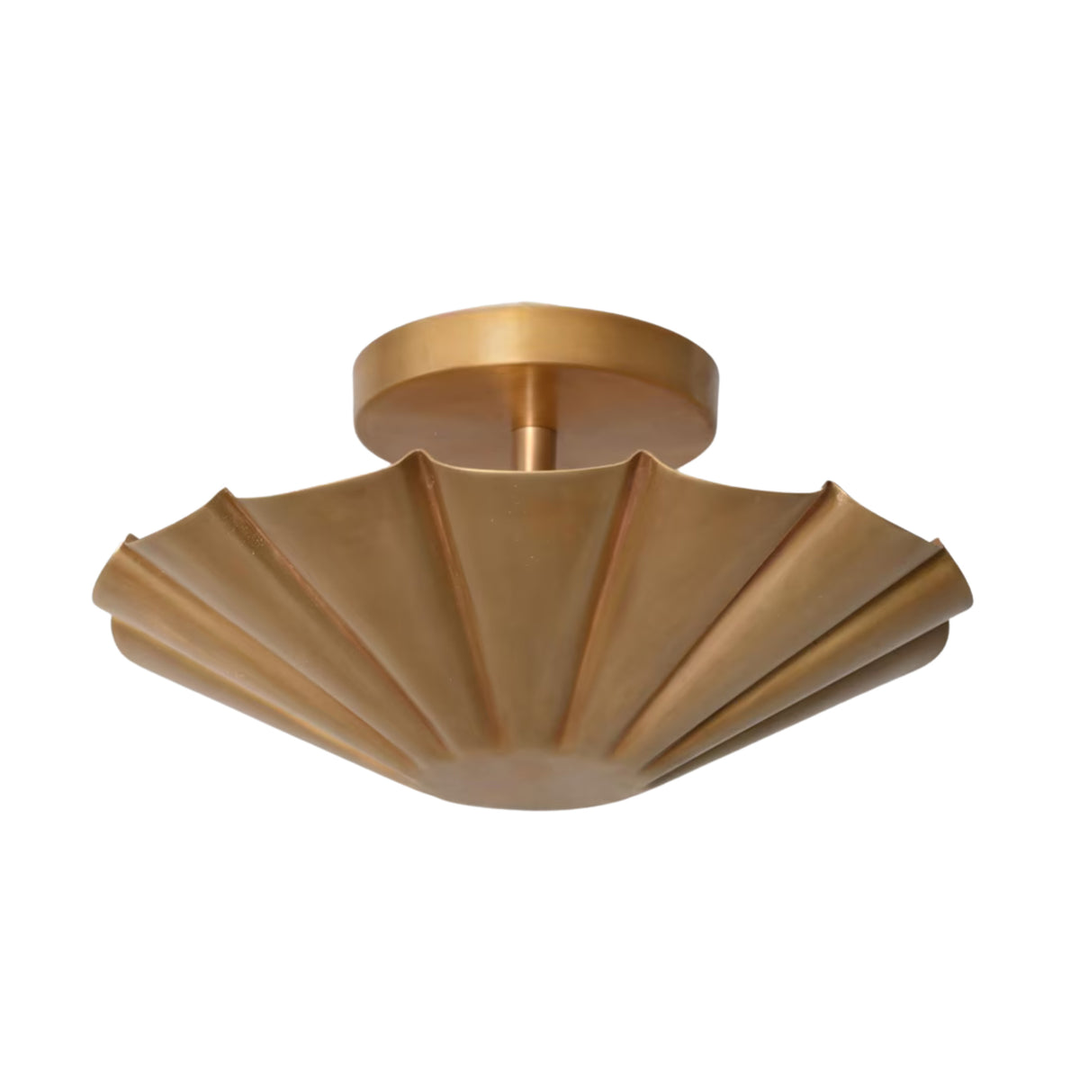 Perspective view of the Aurora modern flush mount ceiling light featuring a handcrafted fluted brass shade with a refined contemporary silhouette.