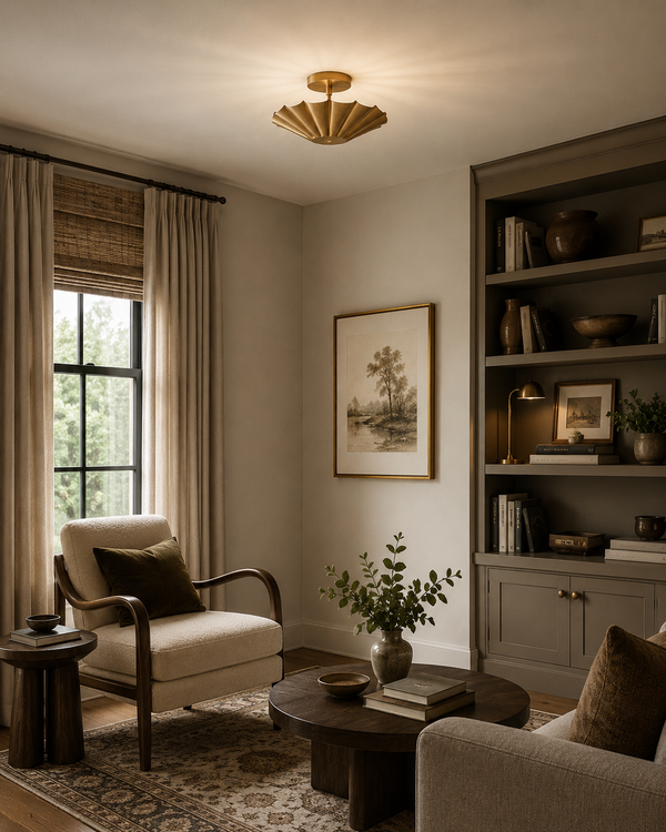 Aurora fluted scallop flush mount ceiling light installed in a modern living room, providing warm ambient illumination with an elegant handcrafted brass finish.