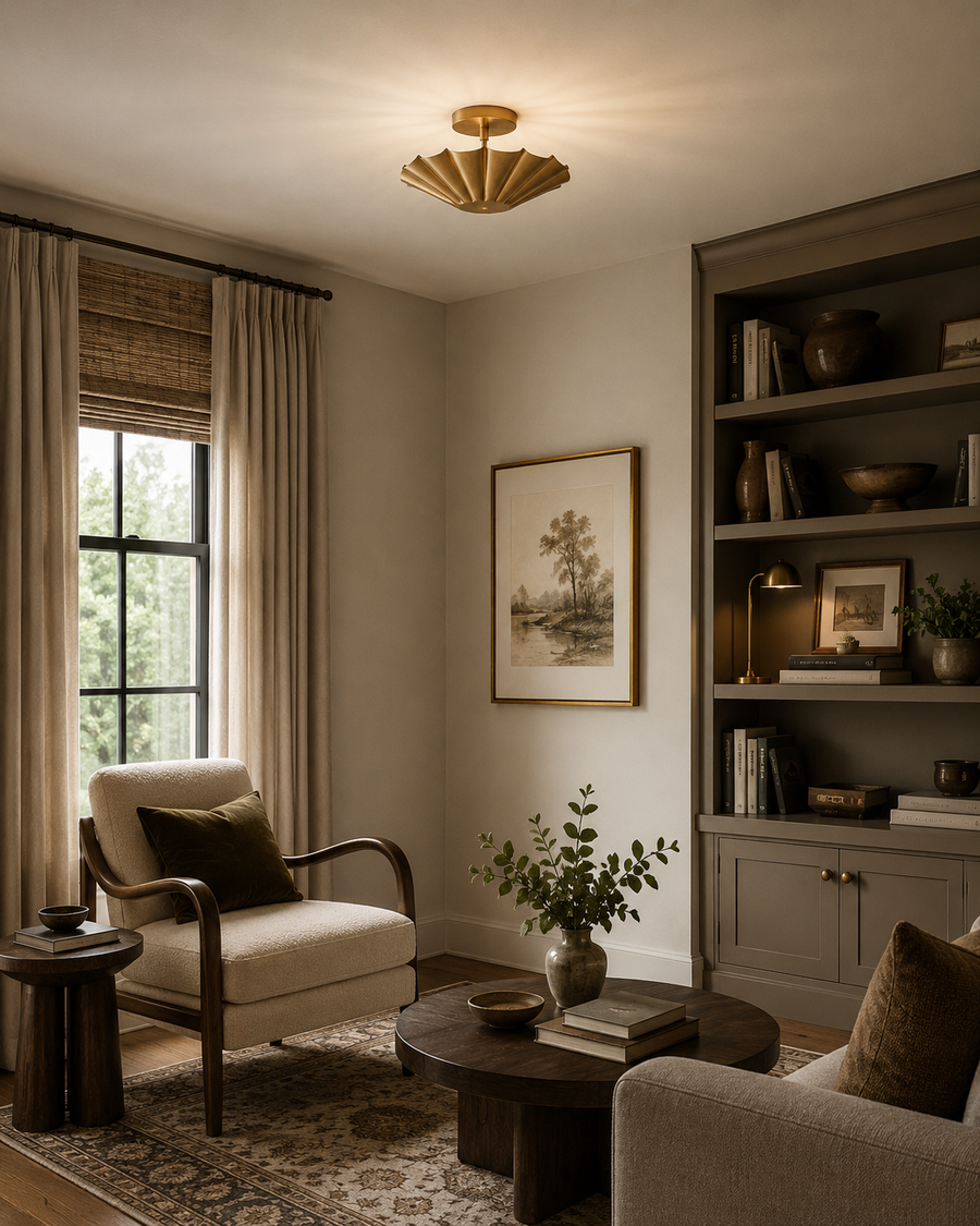Aurora fluted scallop flush mount ceiling light installed in a modern living room, providing warm ambient illumination with an elegant handcrafted brass finish.