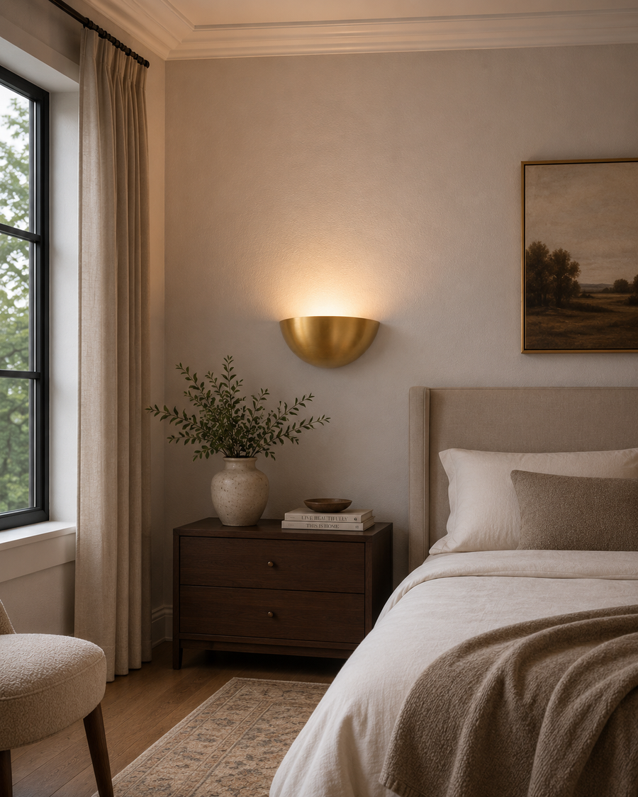 Aurora brass half bowl wall sconce providing warm upward ambient lighting in a modern bedroom – Model 32774