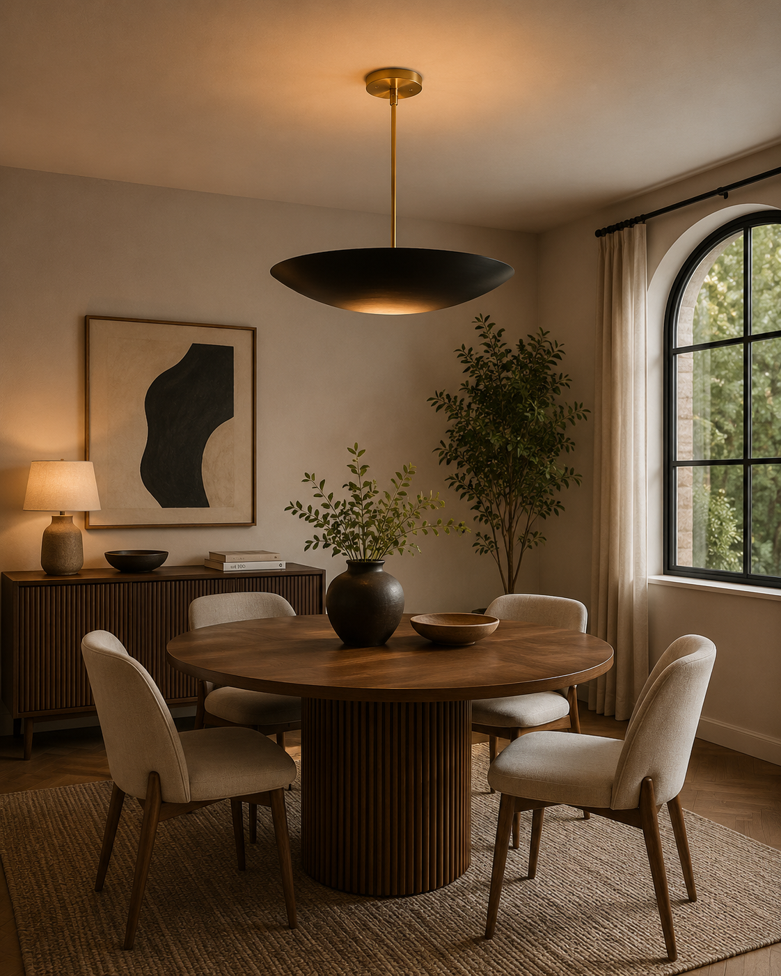 Aurora Layered Bowl Pendant Chandelier installed above a modern dining table, featuring a handcrafted matte black bowl shade with warm ambient illumination in a contemporary dining room.