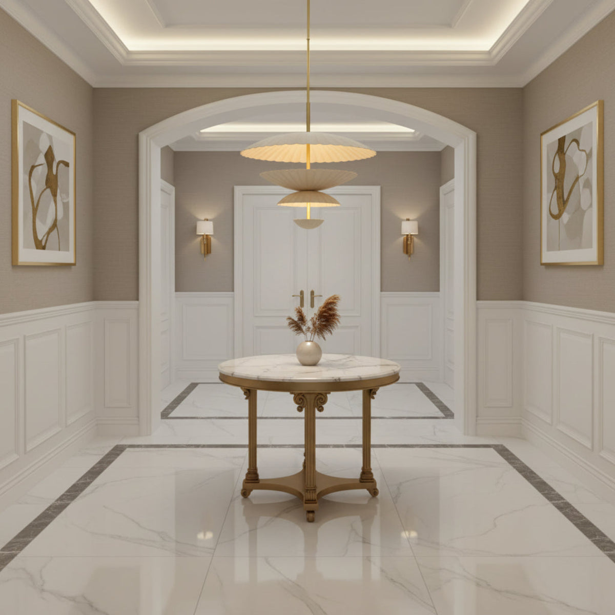 Angled view of Aurora sculptural pendant chandelier featuring layered fluted petal shades and brass accents.