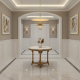 Angled view of Aurora sculptural pendant chandelier featuring layered fluted petal shades and brass accents.
