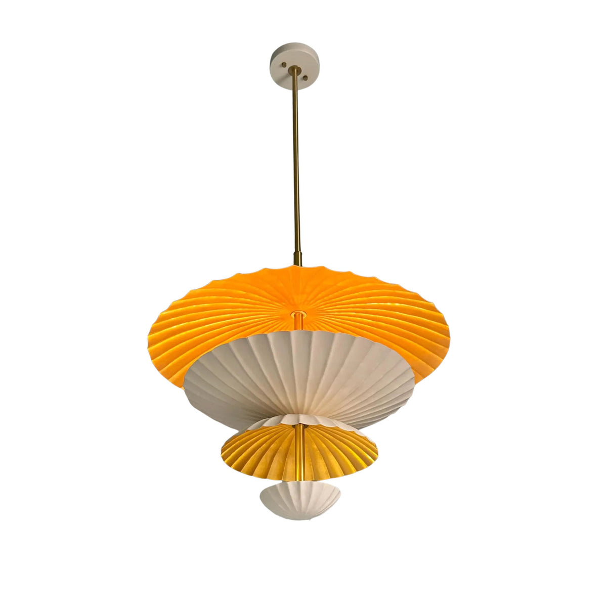 Bottom view of Aurora layered petal chandelier highlighting fluted sculptural shades and warm brass details.