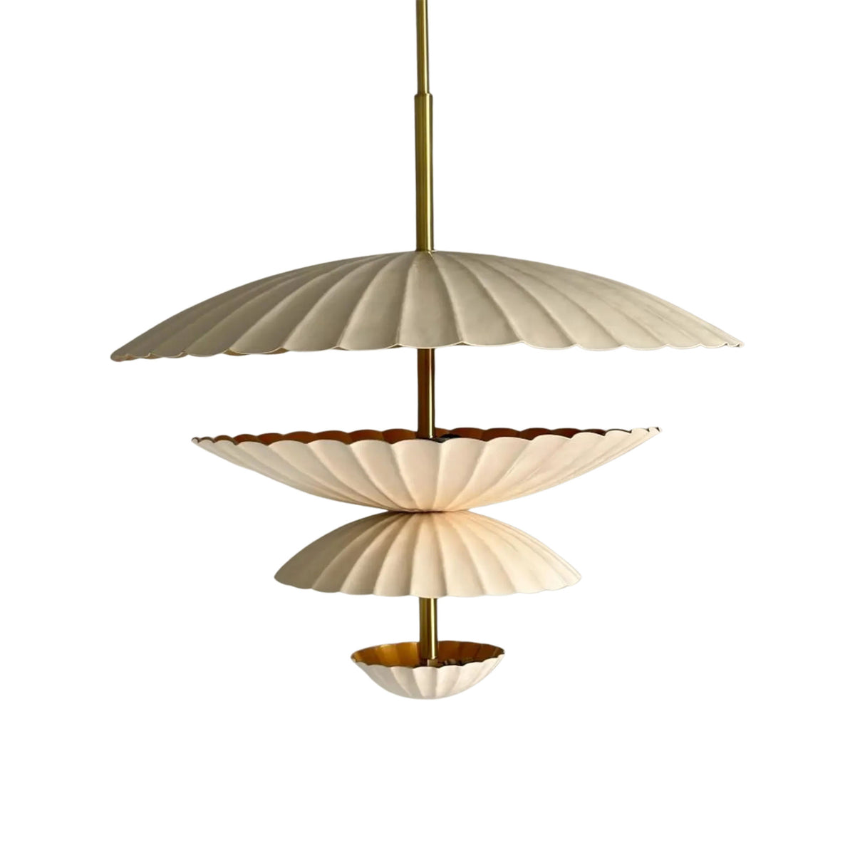 Aurora layered petal pendant chandelier with sculptural ivory shades and brass stem, 24 inch width.