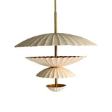 Aurora layered petal pendant chandelier with sculptural ivory shades and brass stem, 24 inch width.