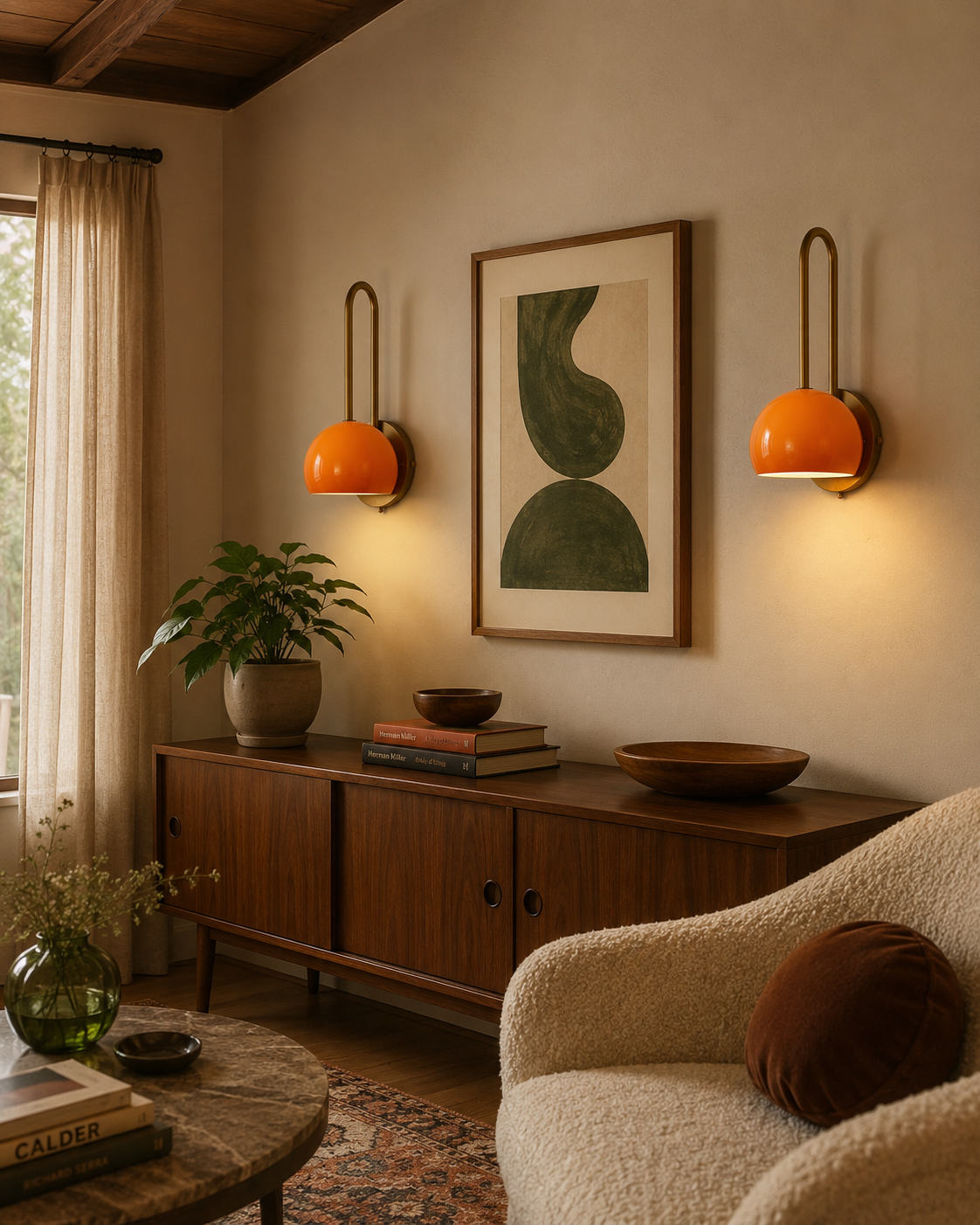 Pair of Aurora Loop Dome Wall Sconces installed above a wooden console in a warm Mid-Century Modern living room – Model 32831