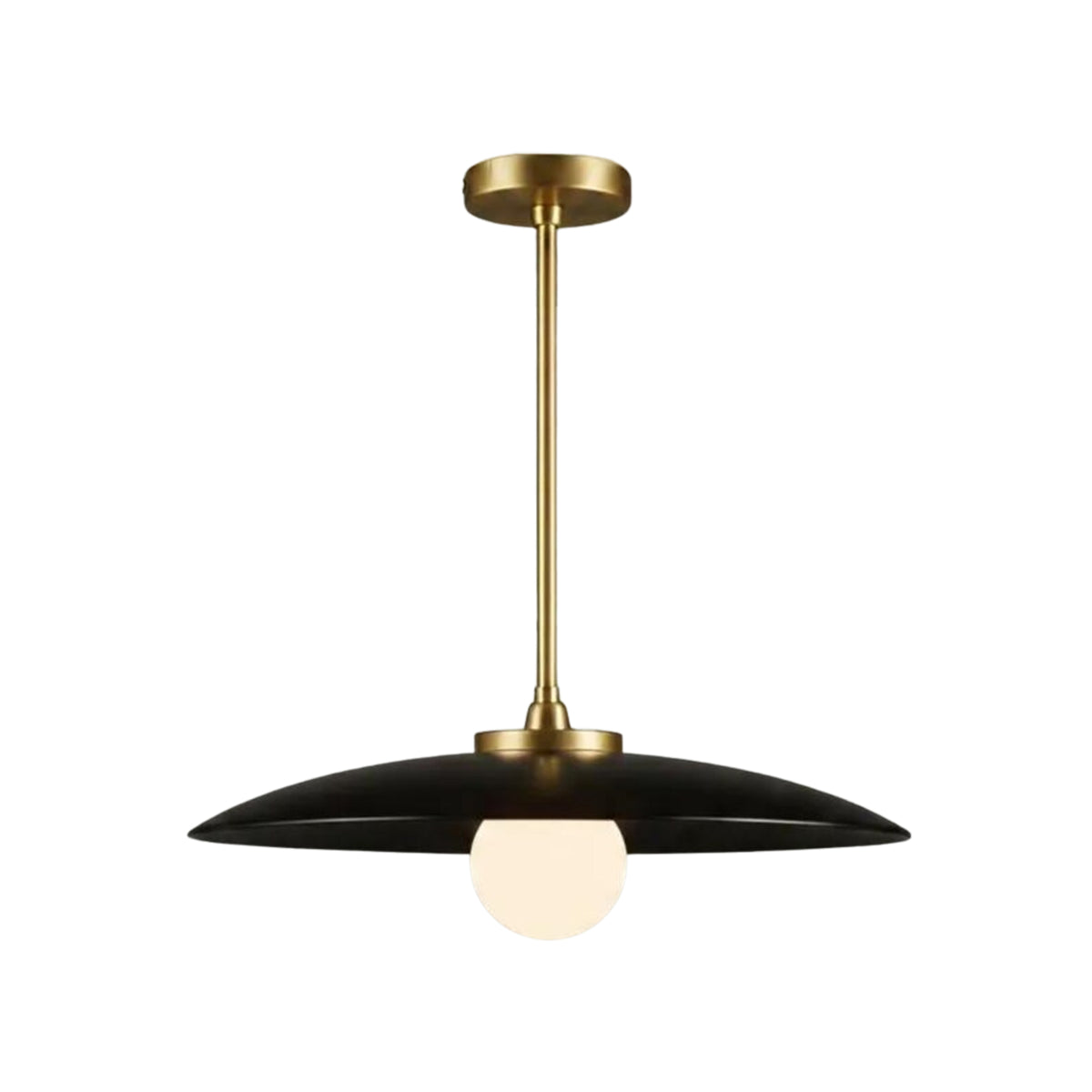 Front view of the Aurora Modern black oversized disc pendant chandelier with a brass down rod and exposed globe light.