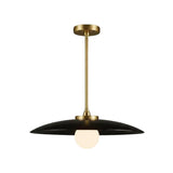 Front view of the Aurora Modern black oversized disc pendant chandelier with a brass down rod and exposed globe light.