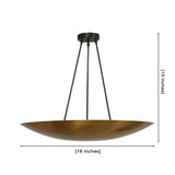 Front dimension view of the Aurora Modern Bowl Pendant Light showing the 18-inch diameter, 15-inch overall height, wide bowl-shaped metal shade, and three-rod suspension.