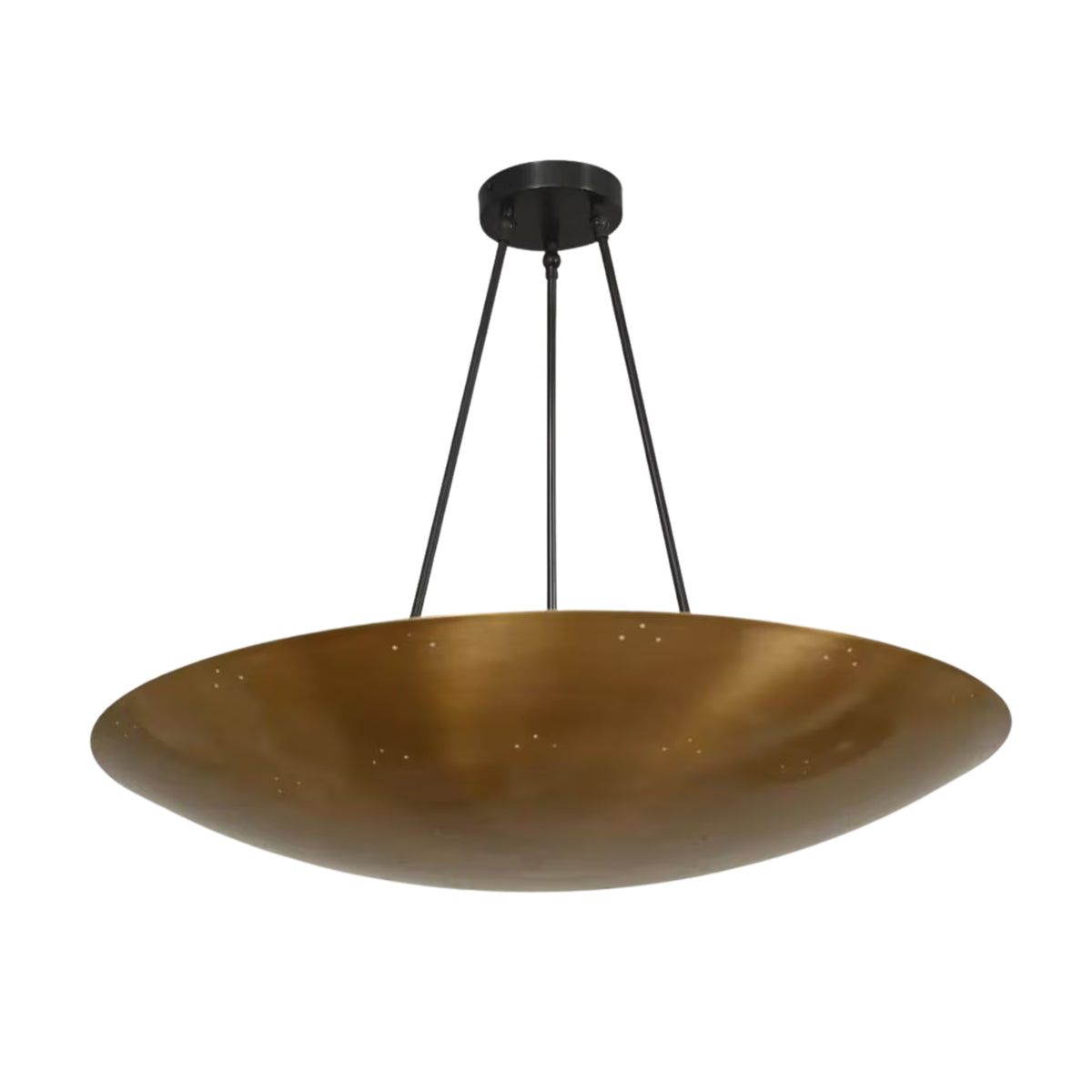 Front perspective of the Aurora Modern Bowl Pendant Light highlighting its minimalist bowl silhouette, decorative perforated accents, and modern three-rod ceiling suspension.