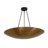 Front perspective of the Aurora Modern Bowl Pendant Light highlighting its minimalist bowl silhouette, decorative perforated accents, and modern three-rod ceiling suspension.