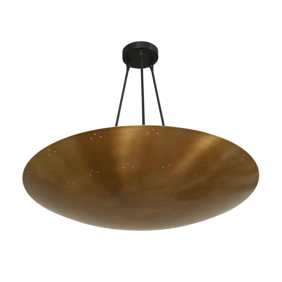 Front view of the Aurora Modern Bowl Pendant Light featuring a wide handcrafted metal bowl shade with subtle perforated detailing, suspended by a contemporary three-rod support system.