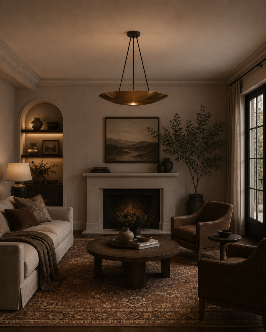 Aurora Modern Bowl Pendant Light installed in a contemporary living room, creating warm ambient lighting with its wide handcrafted bowl shade suspended above the seating area.