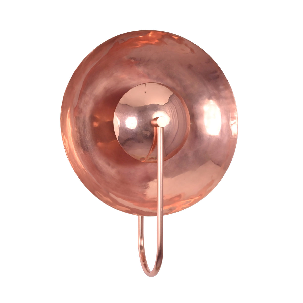 Rear angle view of the Aurora modern copper halo wall sconce showcasing the sculptural circular reflector and elegant wall-mounted construction.