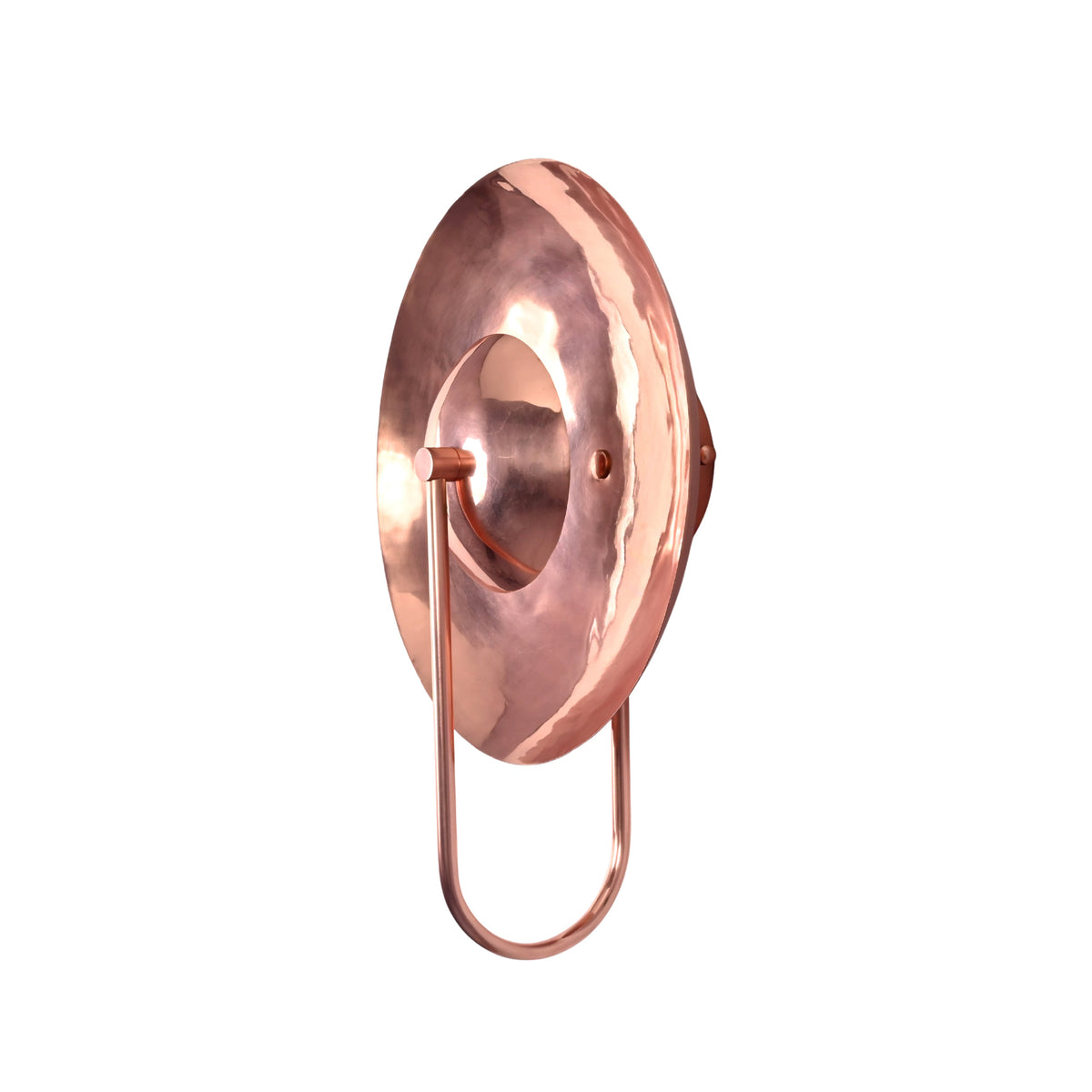 Three-quarter view of the Aurora modern copper halo wall sconce featuring a polished copper halo reflector with a refined minimalist design.