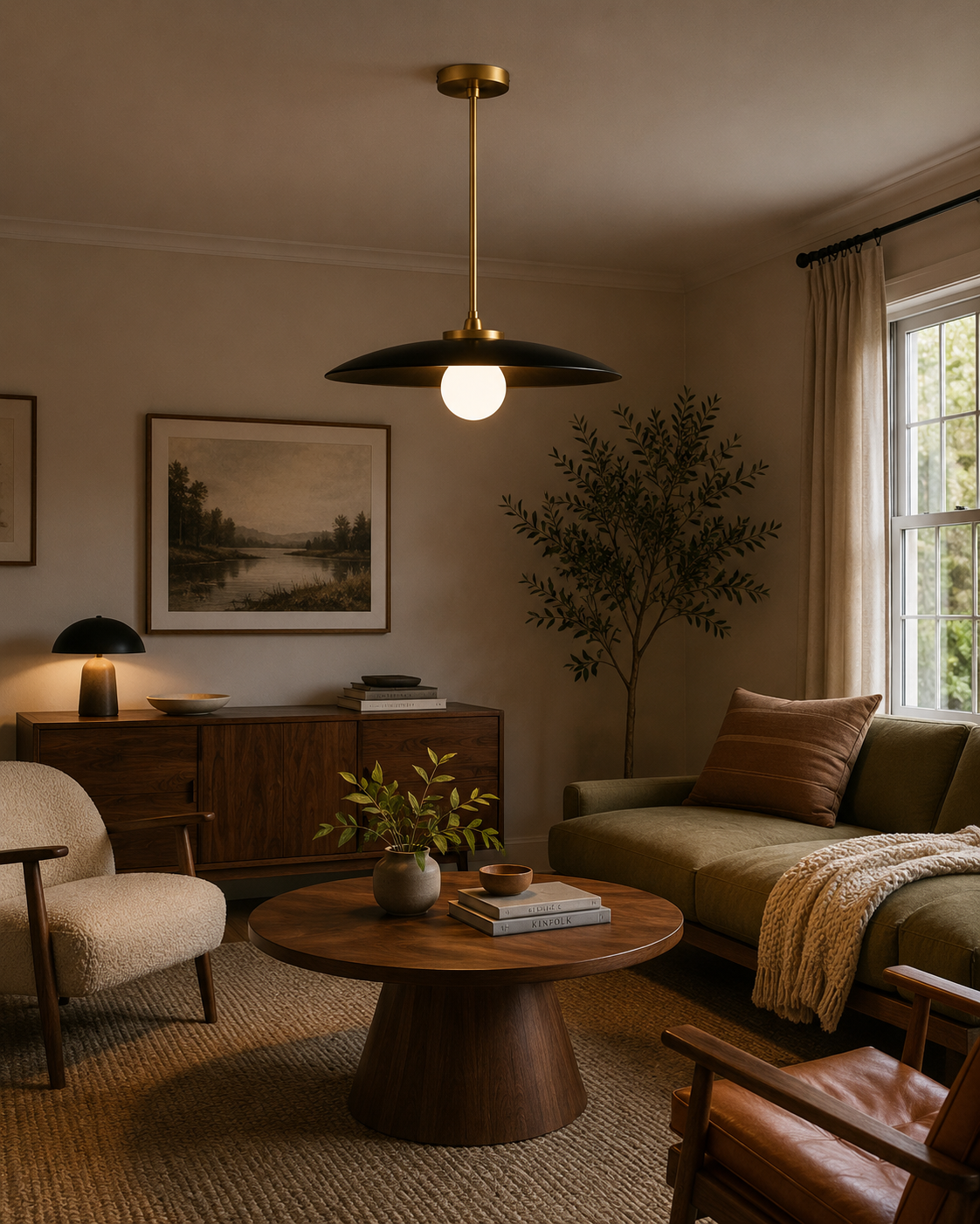 Aurora Modern 40-inch disc pendant chandelier suspended above a walnut coffee table in a contemporary living room with warm ambient lighting.