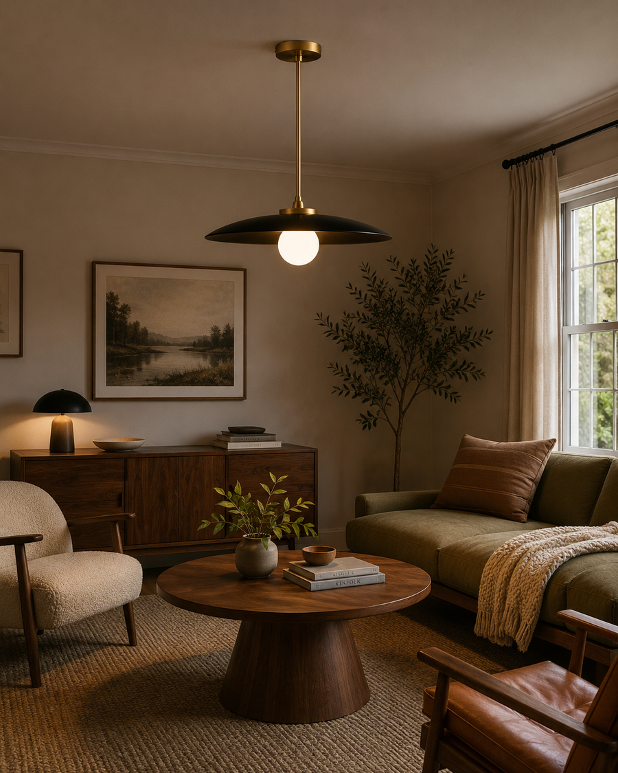 Aurora Modern 40-inch disc pendant chandelier suspended above a walnut coffee table in a contemporary living room with warm ambient lighting.