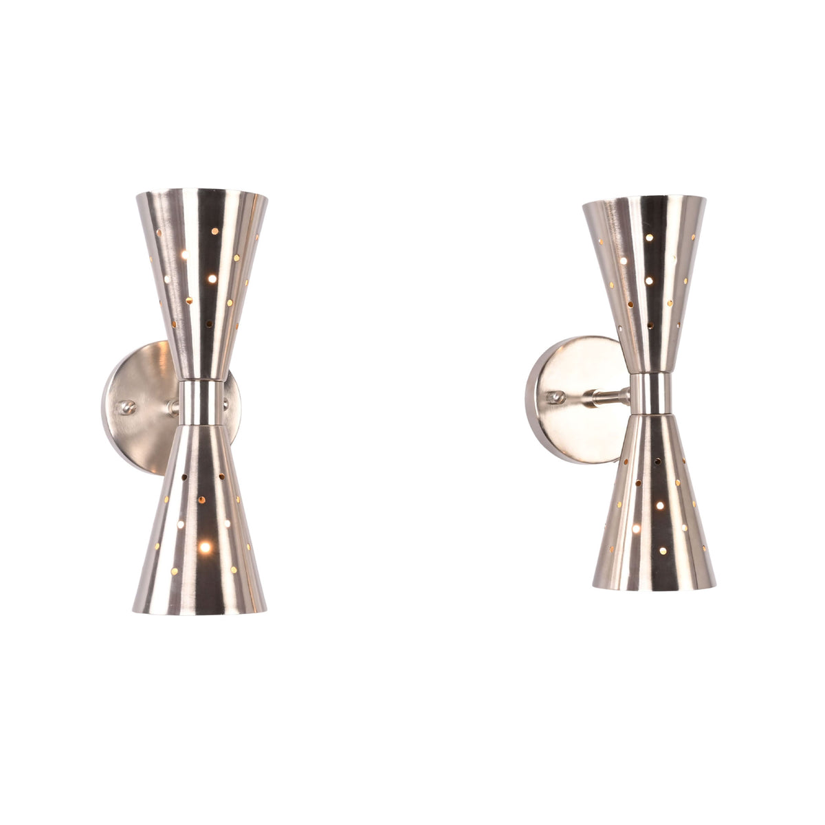 Front view of two Aurora perforated double cone wall sconces featuring sculptural metal shades and round wall backplates.