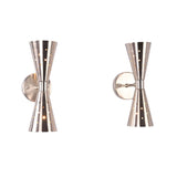 Front view of two Aurora perforated double cone wall sconces featuring sculptural metal shades and round wall backplates.