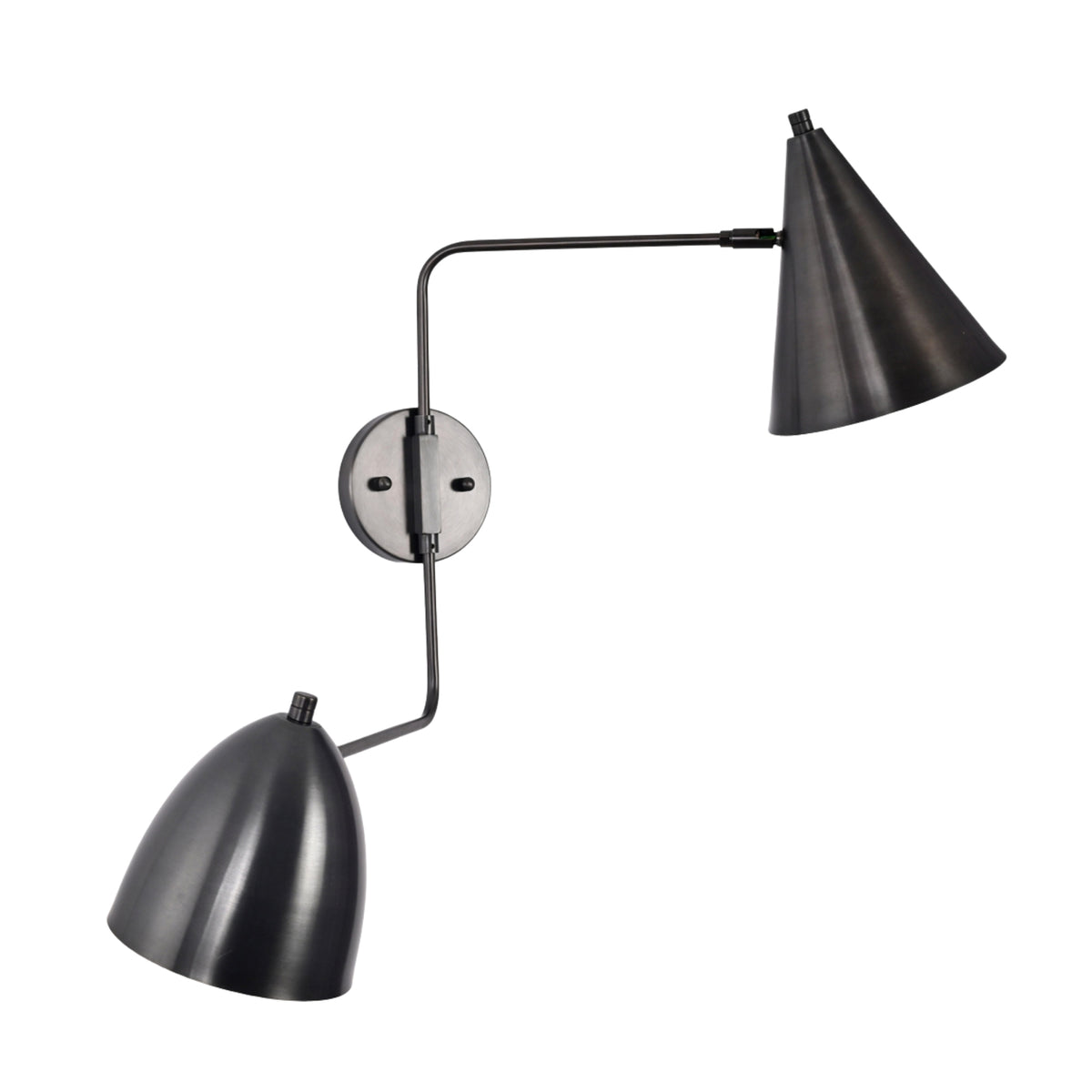 Angled view of the Aurora modern dual shade wall sconce highlighting the minimalist matte black finish, dual tapered shades, and sculptural geometric frame.