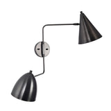 Angled view of the Aurora modern dual shade wall sconce highlighting the minimalist matte black finish, dual tapered shades, and sculptural geometric frame.