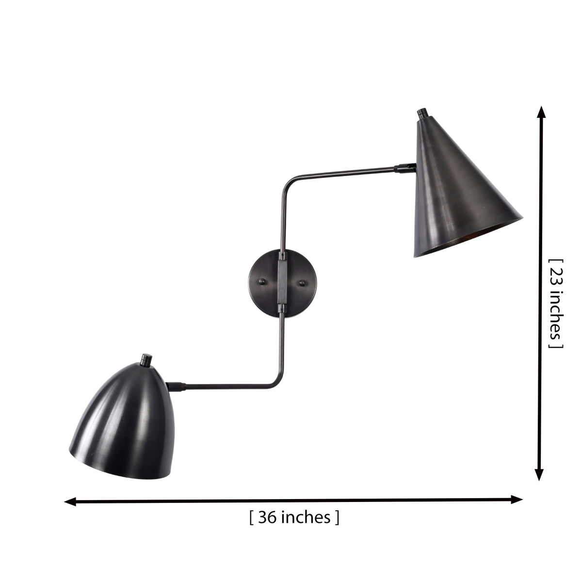 Dimension view of the Aurora modern dual shade wall sconce displaying a 36-inch width and 23-inch height with dual matte black tapered metal shades.