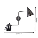 Dimension view of the Aurora modern dual shade wall sconce displaying a 36-inch width and 23-inch height with dual matte black tapered metal shades.