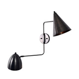 Front left view of the Aurora modern dual shade wall sconce showcasing handcrafted matte black tapered metal shades and an architectural dual-arm silhouette.