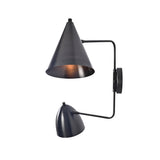 Front right view of the Aurora modern dual shade wall sconce featuring two asymmetrical tapered matte black metal shades with a sculptural contemporary wall-mounted design.