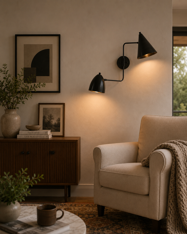 Aurora modern dual shade wall sconce installed in a contemporary living room above a wooden console, providing warm ambient lighting with dual matte black tapered metal shades.