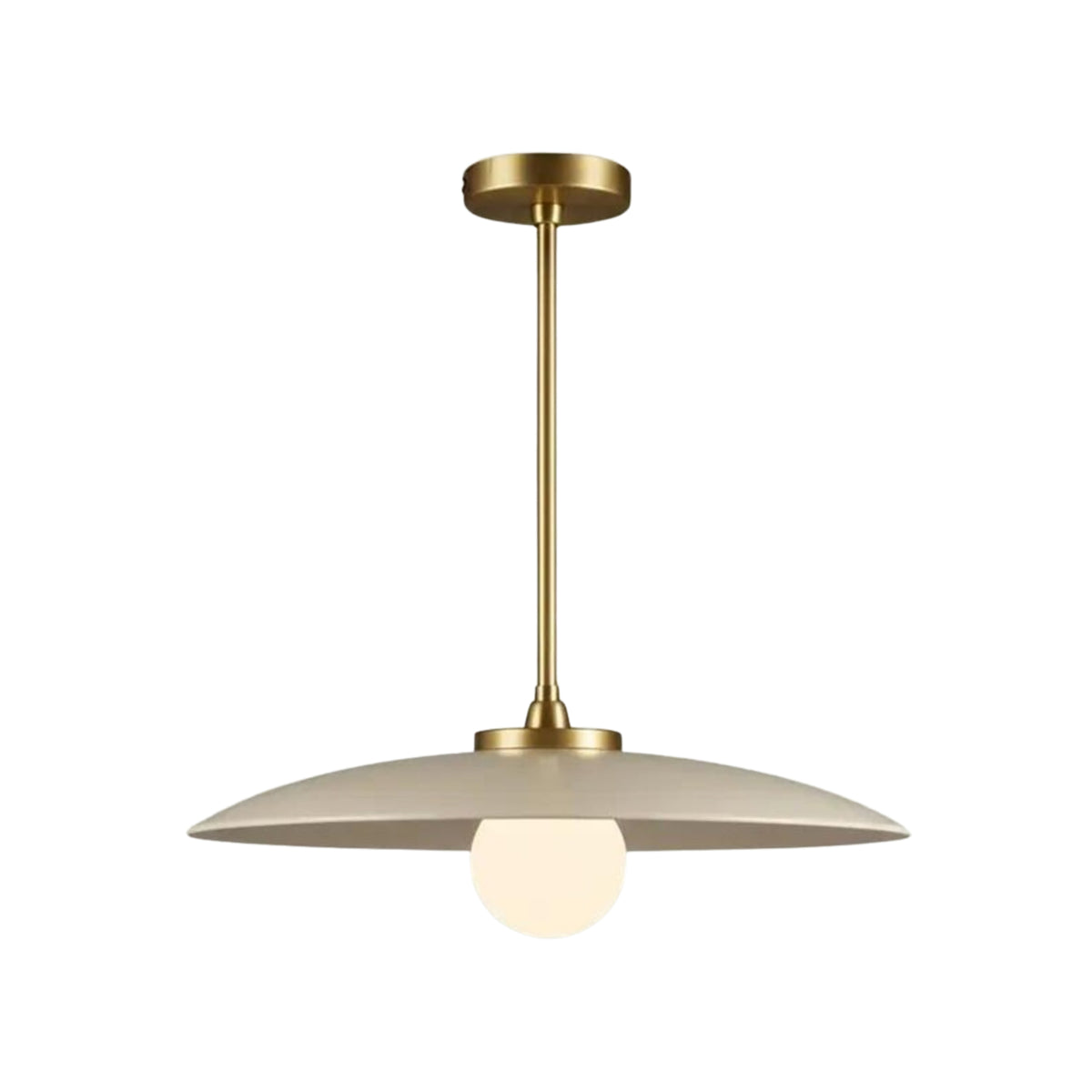 Front view of the Aurora Modern ivory oversized disc pendant chandelier featuring a wide metal disc shade, brass hardware, and exposed globe bulb.