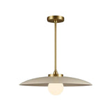 Front view of the Aurora Modern ivory oversized disc pendant chandelier featuring a wide metal disc shade, brass hardware, and exposed globe bulb.