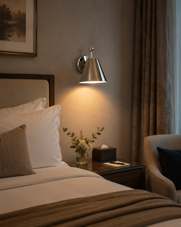 Aurora modern polished chrome tapered wall sconce installed beside a bed, providing warm ambient lighting in a contemporary bedroom.