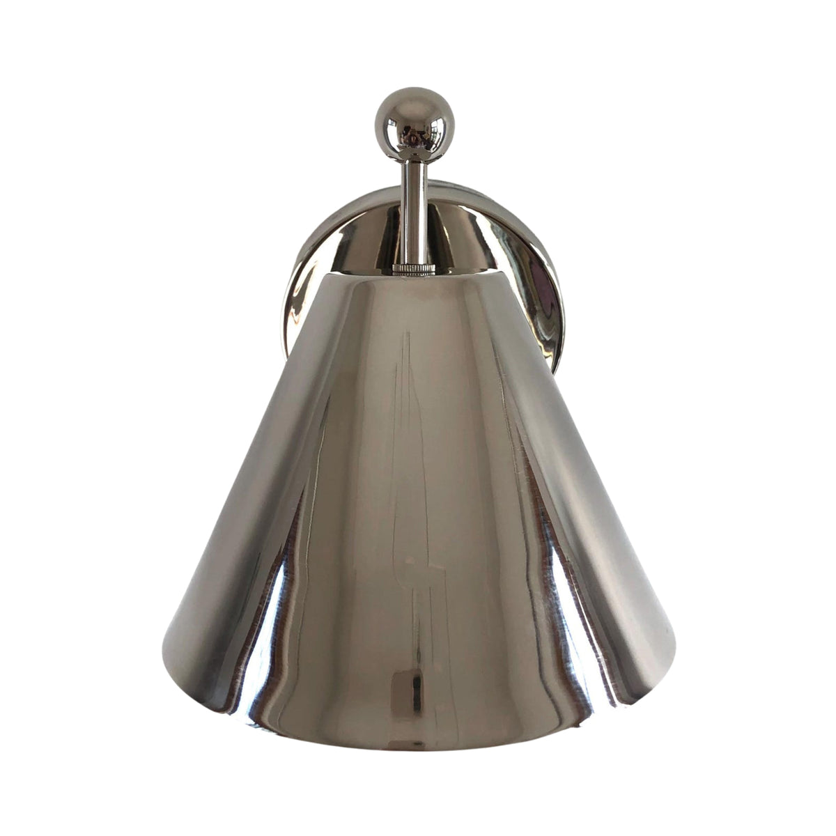Front view of the Aurora modern polished chrome tapered wall sconce with a tapered metal shade and decorative sphere finial.