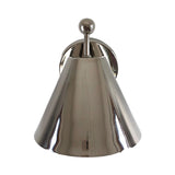 Front view of the Aurora modern polished chrome tapered wall sconce with a tapered metal shade and decorative sphere finial.