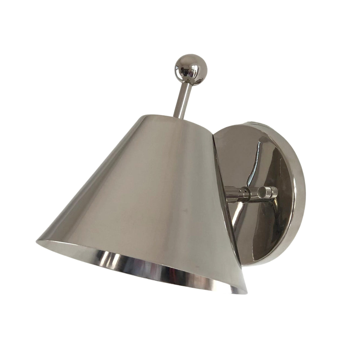 Side view of the Aurora polished chrome tapered wall sconce highlighting the sleek cone-shaped shade and polished round backplate.