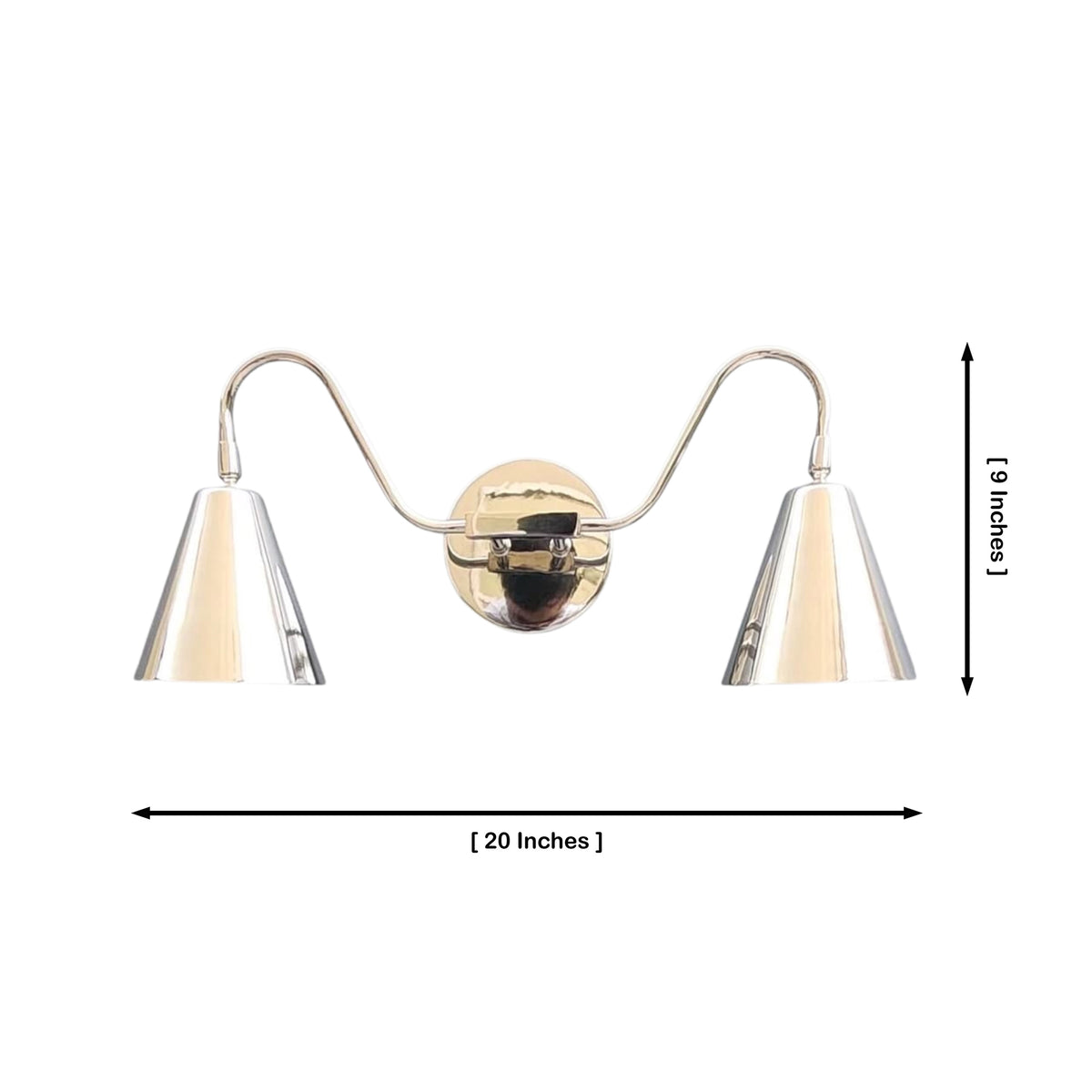 Dimension diagram of the Aurora modern polished nickel double wall sconce measuring 20 inches wide and 6 inches high with dual tapered metal shades.