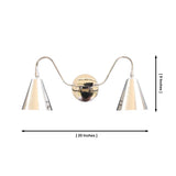 Dimension diagram of the Aurora modern polished nickel double wall sconce measuring 20 inches wide and 6 inches high with dual tapered metal shades.