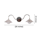 Dimension view of the Aurora modern polished nickel double wall sconce showing a 26-inch width and 9-inch height with dual fluted shades and frosted globe diffusers.