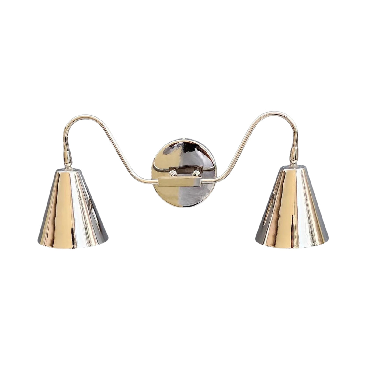 Front view of the Aurora modern polished nickel double wall sconce featuring dual tapered metal shades, elegant curved arms, and a round wall backplate.