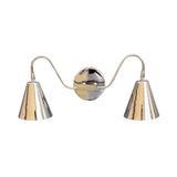 Front view of the Aurora modern polished nickel double wall sconce featuring dual tapered metal shades, elegant curved arms, and a round wall backplate.
