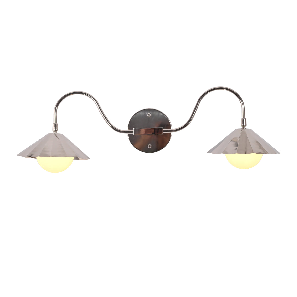 Front view of the Aurora modern polished nickel double wall sconce featuring two fluted metal shades with frosted globe diffusers, gracefully curved arms, and a round wall backplate.