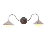 Front view of the Aurora modern polished nickel double wall sconce featuring two fluted metal shades with frosted globe diffusers, gracefully curved arms, and a round wall backplate.
